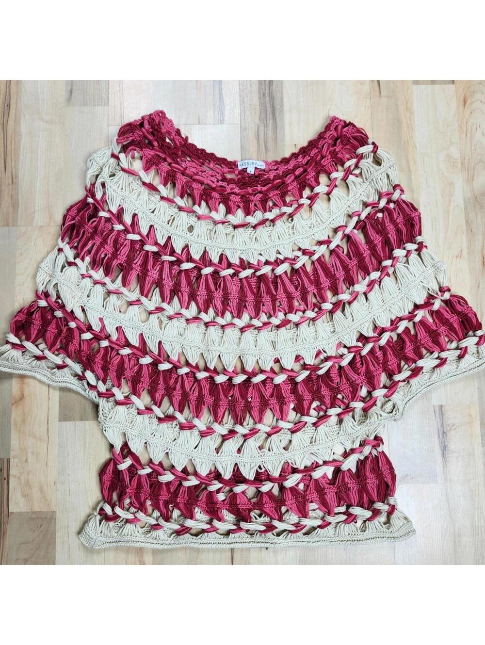 Hessley USA Ribbon Crochet Poncho Sweater Boho Knit Top Size S